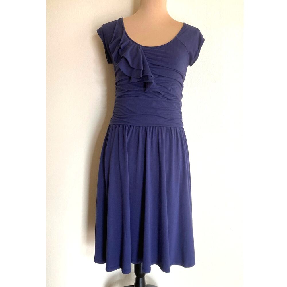 Garnet Hill Piazza Jersey Dress XS Indigo Blue Midi Wrap Asymmetric Ruffle Ruche